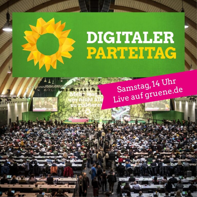 Am Samstag findet unser erster digitaler Parteitag statt. Sei live dabei, ab 14 Uhr auf gruene.de!